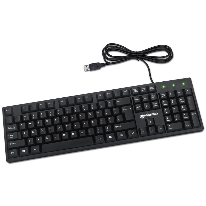 Manhattan Wired Computer Keyboard â€“ Basic Black Keyboard - with 4.5ft USB-A Cable, 104-keys, Foldable Stands - Compatible for Windows, PC, Laptop - 3 Yr Mfg Warranty â€“ 179324 - Image 1